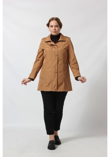 1616 Fermuarlı Cep Detaylı Kapuşonlu Bondit Ceket Camel