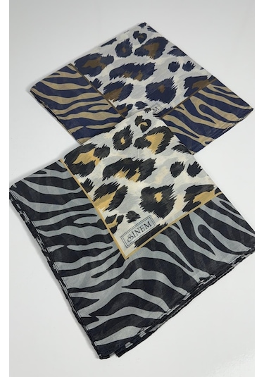 Sinem İndia Leopar Desen 2'li Sorti Eşarp -6294 Lacivert-hardal
