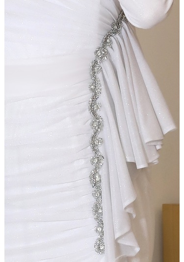 Parıltılı Fırfır Detaylı Zühre Tesettür Abiye Ekru