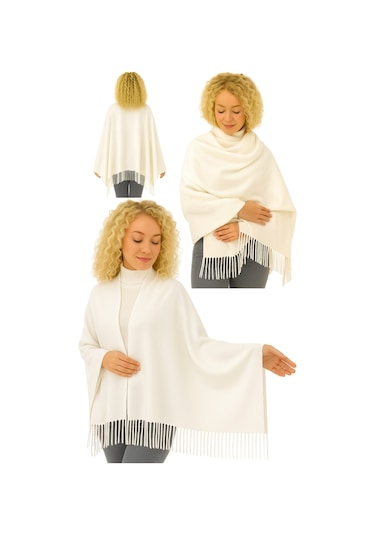 1 Adet Kadın Büyük Bedene Uygun Ekstra Yumuşak Dokulu Püskül Detaylı Kışlık Atkı Omuz Şalı Krem