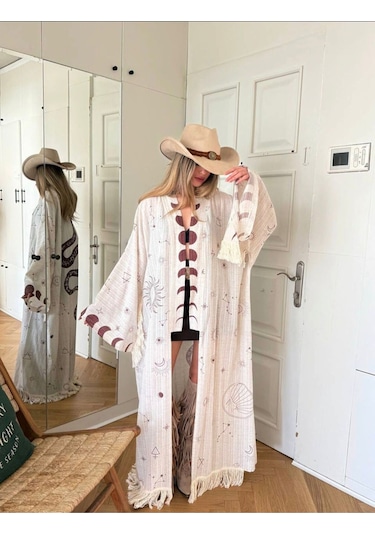 Dıe&more Trend Minimal Desenli Oversize Kimono Bej