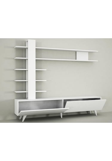Dekorister Aleyna Duvar Raflı Kitaplıklı Tv Ünitesi Beyaz