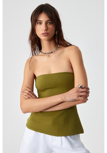 ORIANA Kadın Slim Fit Straplez Yeşil Bluz