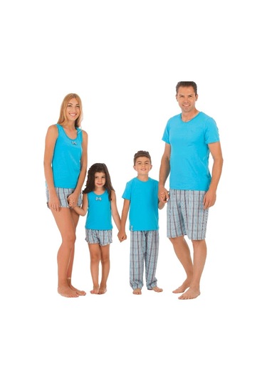 The Don Aile Turkuaz Gri-Lacivert Ekose Kız Çocuk Şort Takımı (9-