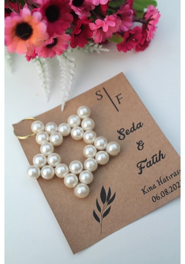 40 Adet Bohem Kartlı İnci Yıldız Anahtarlık - Nişan Hediyesi - Kı