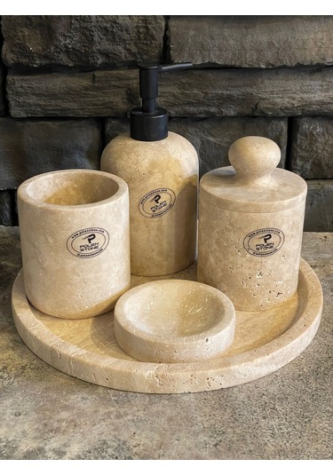 Bej Traverten Doğaltaş 5'li Banyo Seti Beyaz