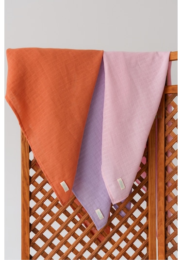 3'lü Organik Pamuk Müslin Örtü Seti Unisex Pudra Pembe, Lavanta, Tarçin 3 Adet 75x85 CM Karışık