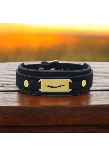 Archin Zülfikar Temalı 14 Ayar Altın Plakalı Doğal Siyah Derili Oval Motifli Hediye Bileklik-438sembol Zülfikar
