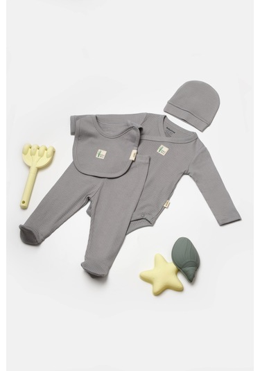 Bebek 4'lü Uzun Kollu Set, %50 Bambu %50 Organic Pamuk, Bebek - Yenidoğan - Csyb9010 Gri