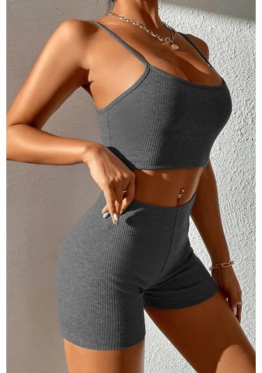 Kadın Antrasit Gri Şortlu Kaşkorse Gecelik Takım Çok Renkli