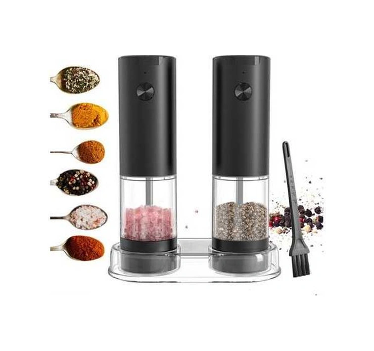 Fortunelane Pilli Tuz Ve Karabiber Değirmeni Seti - 95ml Şeffaf Hazne, Temizleme Fırçası Ve Depolama Tabanı Siyah Siyah