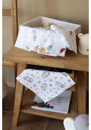 Lizayn Home Pamuklu Müslin 10'lu Karışık Desen Bebek Ağız Mendili Çift Taraflı Açık Sarı