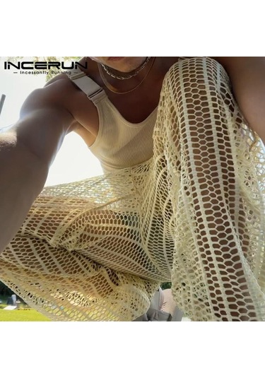 Incerun Artı Boyutu Erkek File Maxi Pantolon See Through Yaz Örgü Tatil Rahat Gevşek Katı Uzun Pantolon Bej