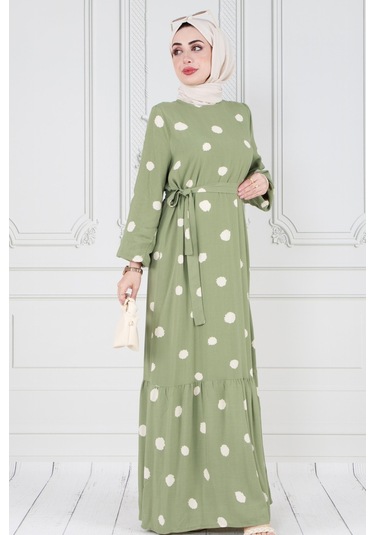 Puantiyeli Kuşaklı Tesettür Elbise-beyaz-3591-gül Kurusu Gül Kurusu