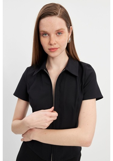 Stella Pulvis Siyah Fermuarlı Slim Fit Kuplu Bluz