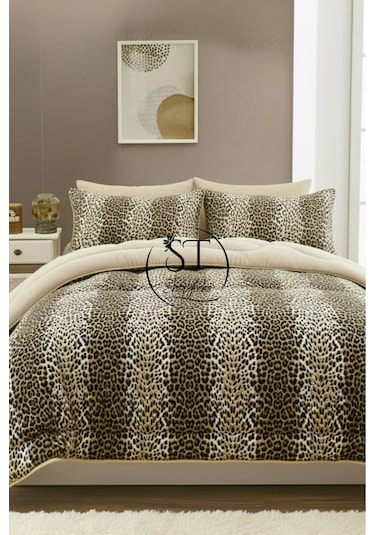 Çift Kişilik Leopar Welsoft Yorgan Çift Taraflı 195x215 Kahverengi