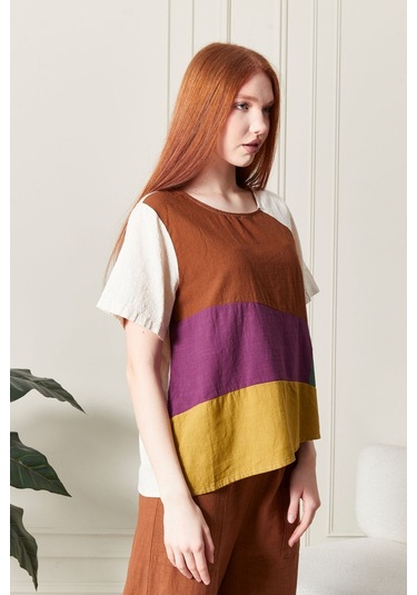 Keten Gökkuşağı Asimetrik Kesim Bluz Renkli Ve Şık Tasarım Bej