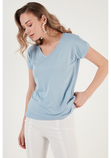 Lela V Yaka Rahat Kesim Yırtmaçlı Bayan Bluz 5862000 Bebe Mavi