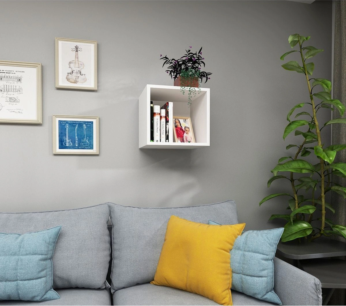 Kitaplık Kare Duvar Rafı Tekli Arkalıklı Mobilya Takım Beyaz Beyaz