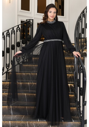 Senna Taş Detaylı Büyük Beden Şık Tesettür Abiye Siyah