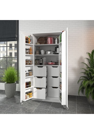 90 Derece Açılabilir 2 Kapaklı, 6 Çekmeceli, Kavanoz Raflı Kiler Ve Erzak Mutfak Dolabı Beyaz