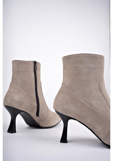 Muggo Natalie Garantili Hakiki Deri Sivri Burun Fermuarlı İnce Topuklu Kadın Bot Vizon Süet Vizon