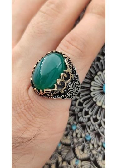 Gümüş Erkek Yüzük Yeşil Akik Taşlı