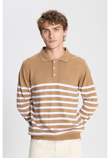 AC&Co / Altınyıldız Classics Erkek Vızon-ekru Standart Fit Normal Kesim Polo Yaka Çizgili Triko Kazak Vizon - Ekru