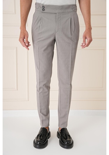 Yandan Tokalı Çift Pileli Esnek Pamuk Gri Pantolon P 1160 Gri