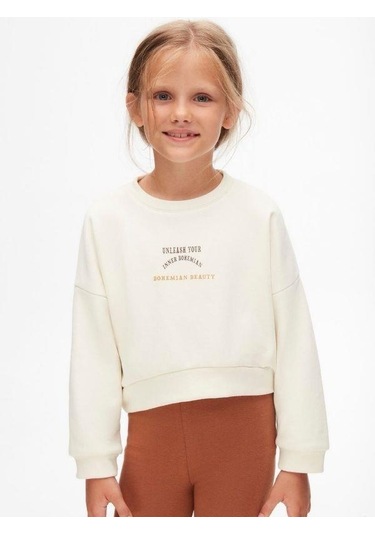 Kız Çocuk Pamuklu İki İplik Bohem Sweatshirt-14711 KREM