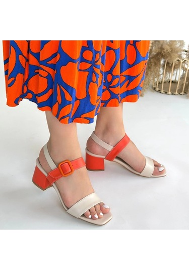 Year Bej Cilt Turuncu Detaylı Turuncu Topuklu Kadın Topuklu Ayakkabı Bej3