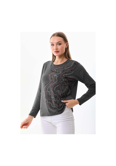 Sistas Kadın Desenli Bisiklet Yaka Uzun Kollu Bluz 23636 Antrasit