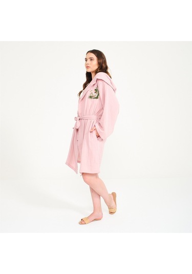 Ördek Nakışlı Kısa Kapüşonlu Müslin Kadın Bornoz-Pembe