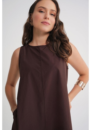 4690 Kadın Bisiklet Yaka Sıfır Kol Midi Paraşüt Elbise Kahve Kahve