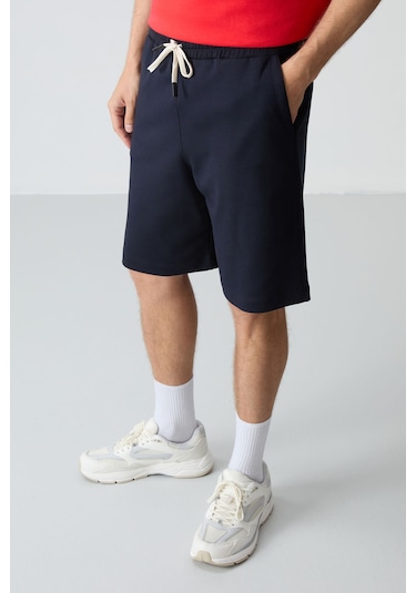 Fiesta Lacivert Pamuklu Kalın Yumuşak Dokulu Oversize Fit Basic Erkek Şort Takım - 85257 Kırmızı