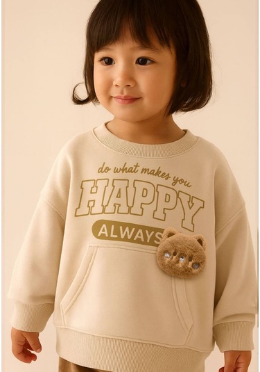 Kız Çocuk Peluş Teddy Bear Aplikeli Sweatshirt Bol Kesim Puantiye Eşofman Altı Takım Kahve