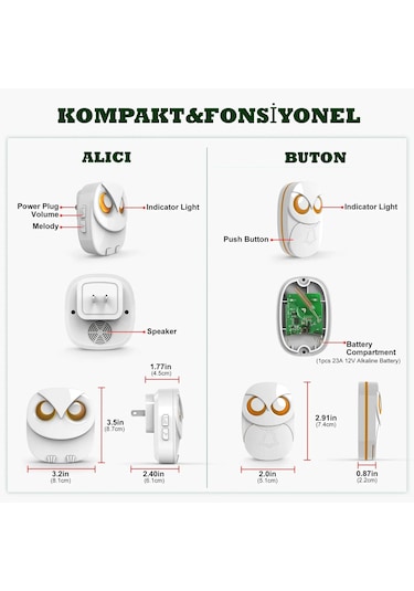 Techtic 1buton 1alıcı Kablosuz Kapı Zili Baykuş Şekilli Beyaz