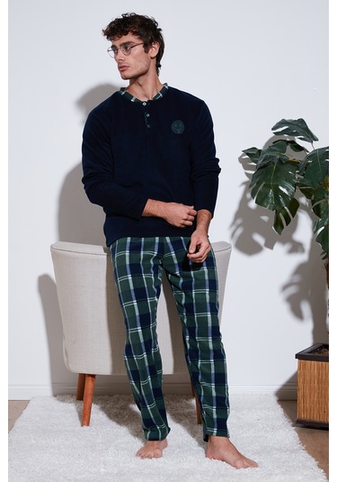 Buratti Ekose Regular Fit Bisiklet Yaka Kışlık Polar Erkek Pijama Takımı 609610013W4 Lacivert