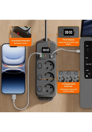 Siyah 5 Ft 9-in-1 Usb Tischsteckdose, Anahtarlar İle, Type-c, Splitter, Eck-design, 1.5/3 Metre Kablo, Aşırı Gerilim Koruması, Ev Ofisi İçin