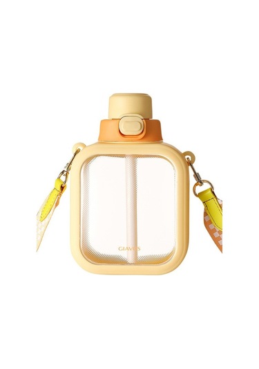 Su Bardağı Taşınabilir Kayış Açık Su Şişesi Büyük Kapasiteli Plastik Bardak Vrorıy Altın Sarısı