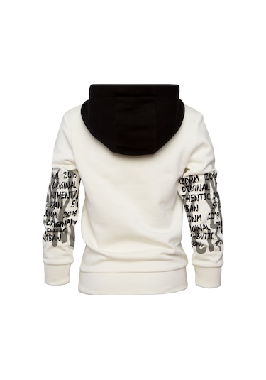 Brz Kids Ekru Renk Baskılı Erkek Çocuk Kapüşonlu Sweatshirt Beyaz
