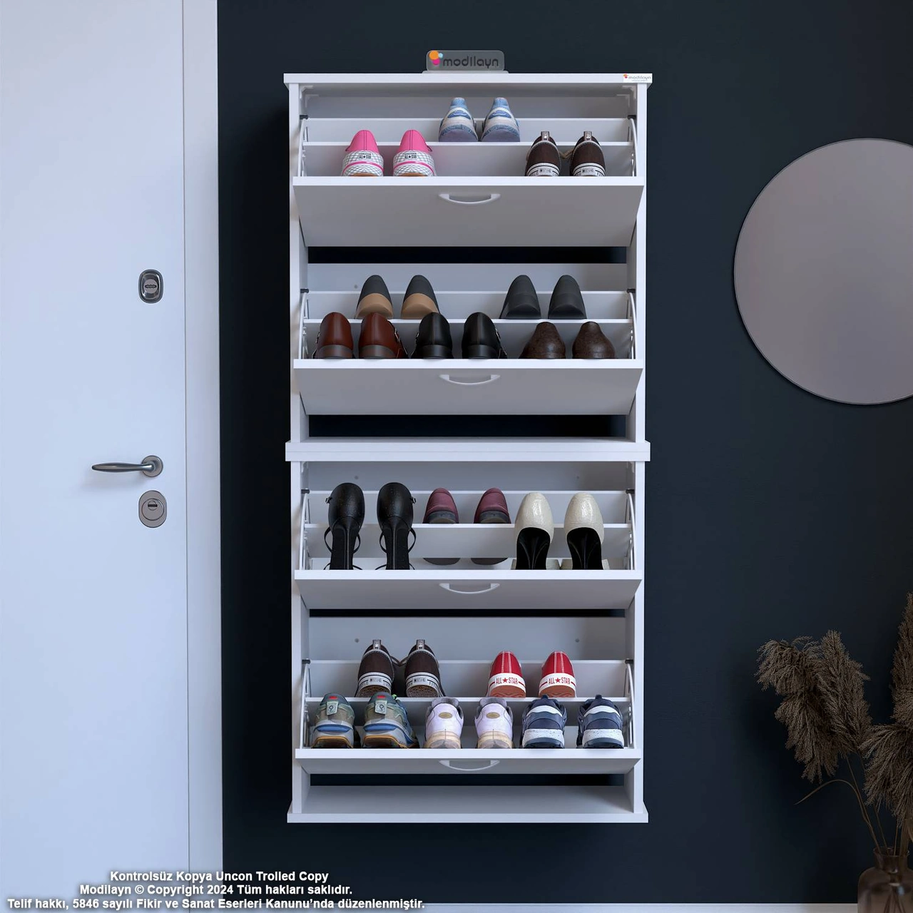 Asaf Beyaz Asma Ayakkabılık Antre Hol 4 Düşer Kapak 8 Göz Bölmeli Ayakkabılık 72x148x25,5 Cm Beyaz