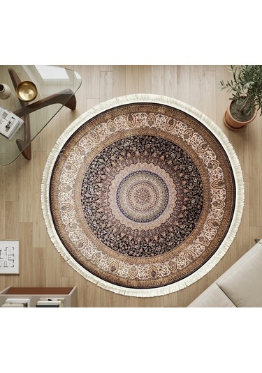Minyatür 200 X 200 Yuvarlak İpek Halı Kahverengi