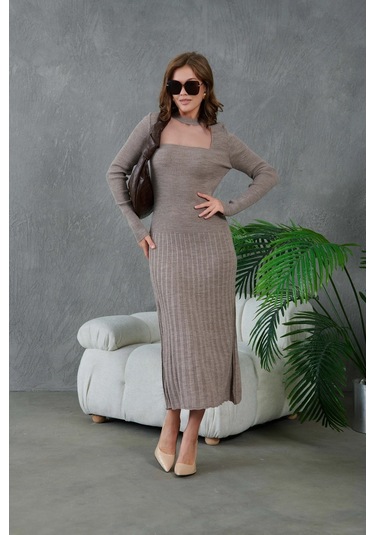 Kadın Bisiklet Yaka Tül Detay Maksi Boy Fitilli Triko Elbise Vizon