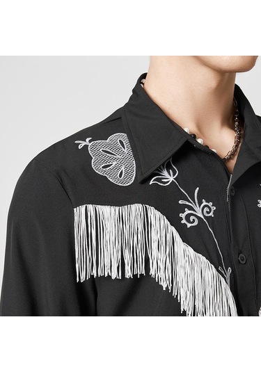 İncerun Bahar Erkek Püskül Baskılı Uzun Kollu Gömlek Salaş Siyah