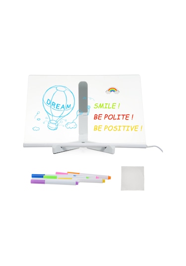 Hombey 30x20cm Led Işıklı Akrilik Çocuk Tahta - Silinebilir Kalemli, Masaüstü Dıy Boyama Tablosu + Ayağa + Temizlik Bezi Çok Renkli