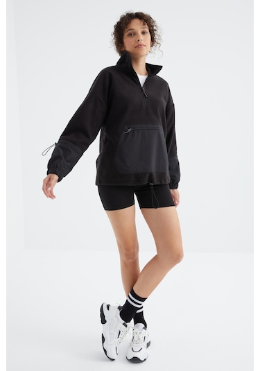 Tommy Life Siyah Etek Ucu Büzgülü Yarım Fermuarlı Oversize Kadın Polar Sweatshirt - 97238 Siyah
