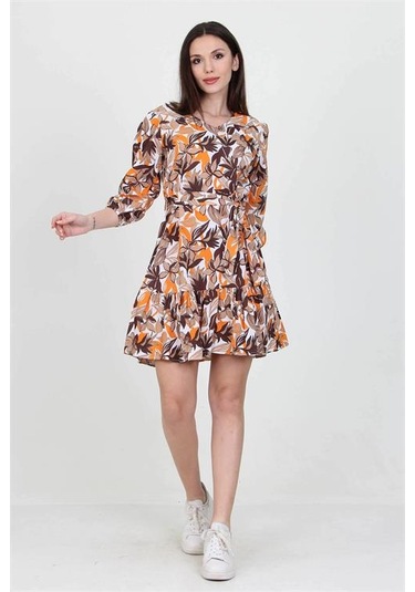 Neşeli Butik Kadın Camel V Yaka Bağlama Detaylı Çiçekli Mini Elbise Nb10029 Camel
