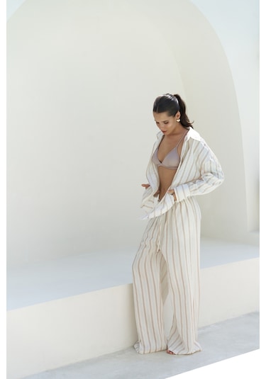 Priskiana Bağcıklı Vizon Pantolon Gömlek Takım Vizon