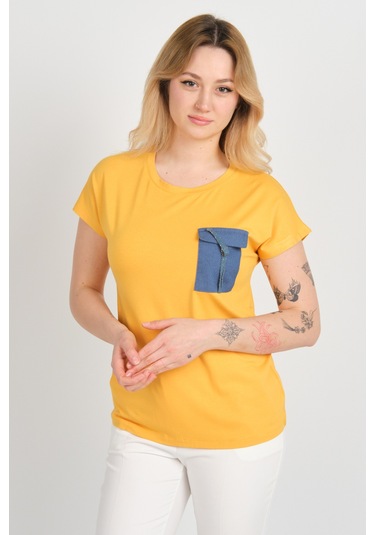 Sistas Kadın Düşük Kol Tek Cep Detaylı Bisiklet Yaka Bluz 24107 Sarı Sari